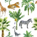 Tropical background with palm trees and animals, zebra, tiger, elephant and lemur. Seamless patterns.