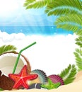 Tropical background with palm trees and coconut cocktail