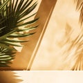 Tropical background for a product placement, palm tree leaves and sunlight shadows on the wall, minimalistic botanical backdrop, Royalty Free Stock Photo