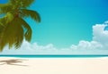 Tropical background with sandy sea beach, framed with palm tree with empty copy space for text. Colorful exotic template Royalty Free Stock Photo