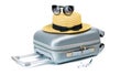 Tropical background. Suitcase, sunglasses with toy plane and straw hat in travel composition isolated on white Royalty Free Stock Photo