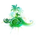 Tropical background with silhouettes of surfer and palm trees Royalty Free Stock Photo