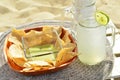 Green avocado salsa dip, tortilla chips, lemonade, beach snack, Baja, Mexico Royalty Free Stock Photo