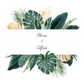 Tropical banner arranged from exotic emerald and golden glitter leaves Royalty Free Stock Photo