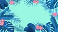 Tropical banner design template. Light blue theme with pink rainforest flowers. Palm, monstera leaves, tropical exotic flowers. Be