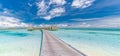 Tropical banner sea bay. Tropical beach in Maldives with blue lagoon sunny sky over wooden pier pathway Royalty Free Stock Photo