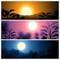 Tropical banners set landscape, sun, moon and palm Royalty Free Stock Photo