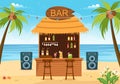 Tropical Bar or Pub in Beach with Alcohol Drinks Bottles, Bartender, Table, Interior and Chairs by Seaside in Illustration