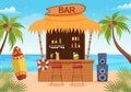 Tropical Bar or Pub in Beach with Alcohol Drinks Bottles, Bartender, Table, Interior and Chairs by Seaside in Illustration