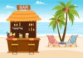 Tropical Bar or Pub in Beach with Alcohol Drinks Bottles, Bartender, Table, Interior and Chairs by Seaside in Illustration