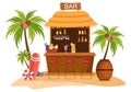 Tropical Bar or Pub in Beach with Alcohol Drinks Bottles, Bartender, Table, Interior and Chairs by Seaside in Illustration Royalty Free Stock Photo