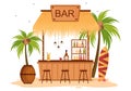 Tropical Bar or Pub in Beach with Alcohol Drinks Bottles, Bartender, Table, Interior and Chairs by Seaside in Illustration Royalty Free Stock Photo