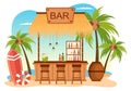 Tropical Bar or Pub in Beach with Alcohol Drinks Bottles, Bartender, Table, Interior and Chairs by Seaside in Illustration