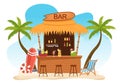 Tropical Bar or Pub in Beach with Alcohol Drinks Bottles, Bartender, Table, Interior and Chairs by Seaside in Illustration