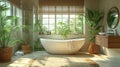 Tropical bathroom with lush greenery and a modern bathtub Royalty Free Stock Photo