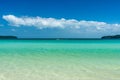 Tropical bay with a blue sky and clear calm water.