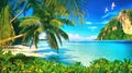 Tropical bay with green plants, palms and seagulls