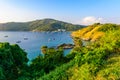 Tropical bay at Naiharn and Ao Sane beach with boats at windmill viewpoint, Paradise destination Phuket, Thailand Royalty Free Stock Photo