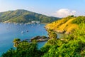 Tropical bay at Naiharn and Ao Sane beach with boats at windmill viewpoint, Paradise destination Phuket, Thailand Royalty Free Stock Photo