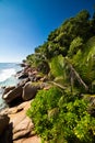Tropical beach Anse Patates with palm trees and granite boulders on La Digue Island, Seychelles