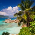 Tropical beach Anse Patates with palm trees and granite boulders on La Digue Island, Seychelles