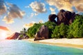 Tropical beach Anse Source d`Argent at sunset. La Digue Island, Indian Ocean, Seychelles. Royalty Free Stock Photo