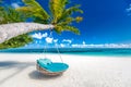 Tropical beach background as summer landscape with beach swing or hammock and white sand and calm sea for beach banner