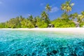 Beautiful tropical beach banner. White sand and coco palms travel tourism wide panorama background concept. Wonderful scenry Royalty Free Stock Photo