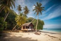 Tropical beach background, honeymoon destination, vacation advertisement. Sandy beach with palms and one wooden bungalow Royalty Free Stock Photo