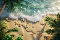 Tropical beach background with sea waves, foam and starfish, palm leaves. Top view. Summer holiday time enjoyment vacation