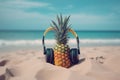 Tropical beach background. Summe vacation concept, Pineapple with headphones on the white sand and sea in the back