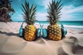 Tropical beach background. Summe vacation concept, Pineapple with headphones on the white sand and sea in the back