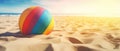 Tropical beach ball on sand, ocean summer holiday background colorful beach ball in sand