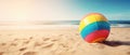 Tropical beach ball on sand, ocean summer holiday background colorful beach ball in sand