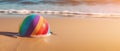 Tropical beach ball on sand, ocean summer holiday background colorful beach ball in sand