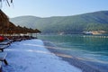 Tropical beach banner, tranquil paradise island. Palm trees, white sand and blue sea, perfect summer vacation landscape