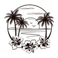 Tropical beach with beautiful sunset view and palm trees in sketch style drawing