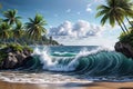 Tropical beach blue waves, white sand, palm trees, sky Royalty Free Stock Photo