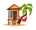 Tropical Beach Bungalow on Coast of Sea or Ocean, Beach Wooden Hut for Summer Vacation Vector Illustration