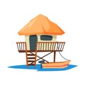 Tropical Beach Bungalow on Water, Summer Vacation Wooden Cabin with Straw Roof and Boat Vector Illustration
