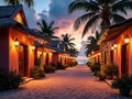 Tropical Beach Bungalows Lit by Lanterns and String Lights at Sunset Royalty Free Stock Photo