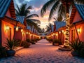 Tropical Beach Bungalows Lit by Lanterns and String Lights at Sunset Royalty Free Stock Photo