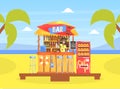 Tropical Beach Cafe or Bar with Smiling Bartender Character Vector Illustration