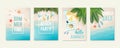 Tropical beach cards with sand, sea and palm trees. Summer flyers with starfish, flip flops and beach umbrellas. Royalty Free Stock Photo