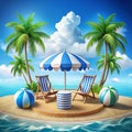 Tropical beach chairs, umbrella, ocean view, vacation ad Royalty Free Stock Photo