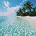 Tropical beach with clear turquoise water, white sand and palm trees under a blue sky. Place for an inscription. Royalty Free Stock Photo