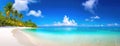 Tropical beach with clear waters, white sands, and lush palm trees under blue skies. Panorama with copy space. Royalty Free Stock Photo