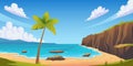 Tropical beach coastline landscape nature scene with palm tree, sand, and mountain for relax holiday leisure Royalty Free Stock Photo