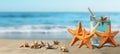 Tropical beach cocktail with palm trees, shells, and starfish on blue sea and sand, ideal for text. Royalty Free Stock Photo