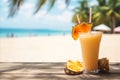 Tropical beach cocktail with refreshing drink, palm trees, seashells, and clear blue sea water Royalty Free Stock Photo